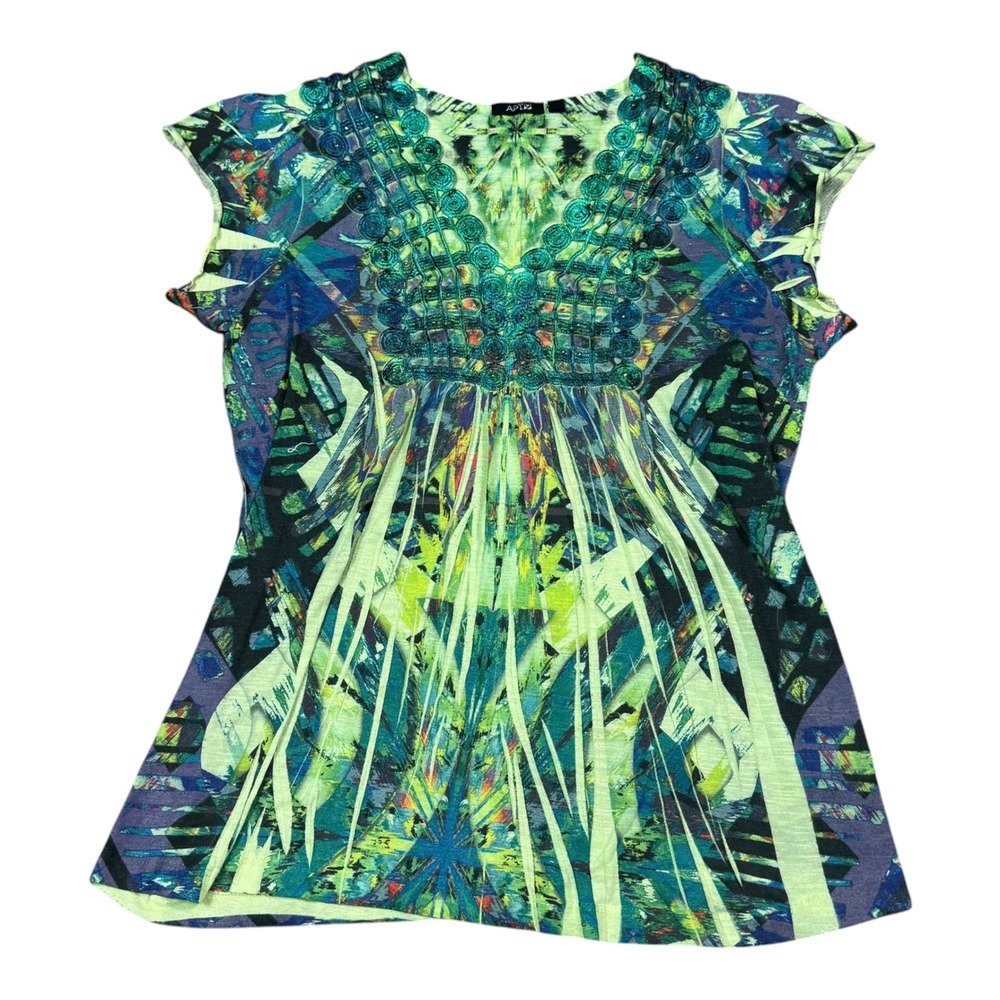Y2K Apt 9 Green Blue Patterned Polyester Boho Blouse Women's‎ Large